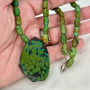 Tibetan Turquoise Stone Pendant Necklace Green Stone Beads Sterling Clasp 17”